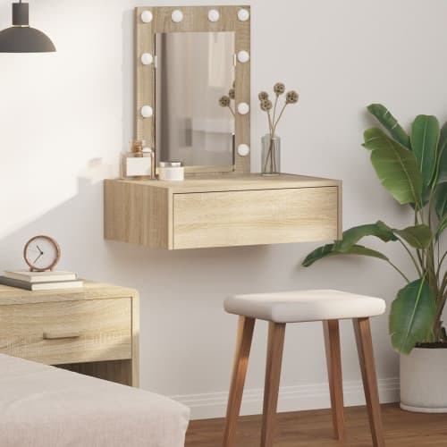 Väggmonterat sminkbord med LED-lampor sonoma-ek