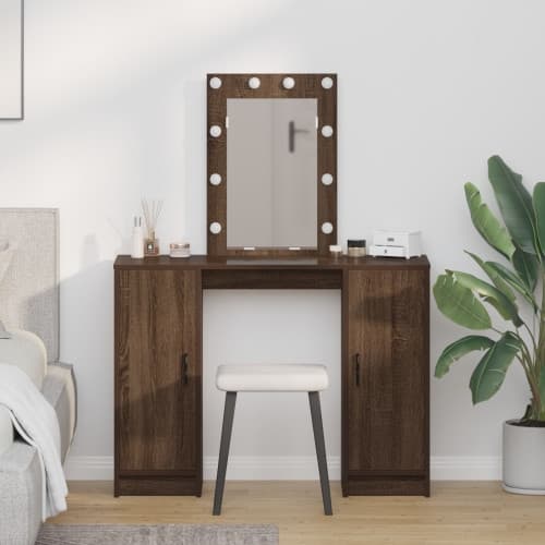 Sminkbord med LED-lampor brun ek 102x33x135 cm