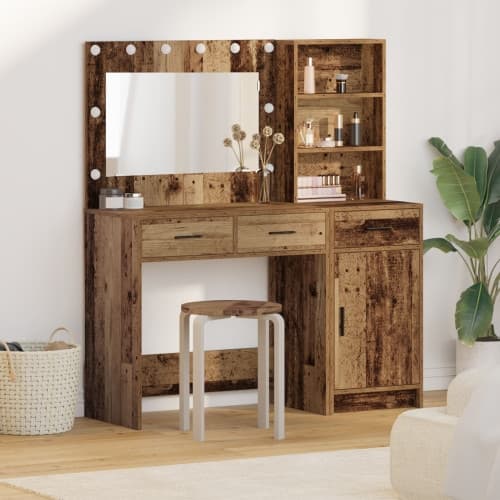 2-delars sminkbord med LED, gammalt trä