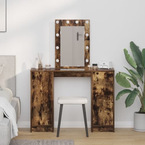 Sminkbord med LED-lampor rökt ek 102x33x135 cm