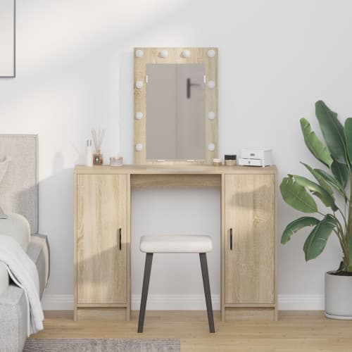 Sminkbord med LED-lampor sonoma-ek 102x33x135 cm