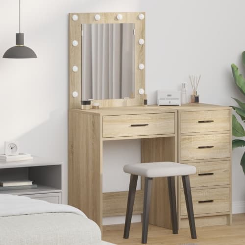Sminkbord med LED-lampor sonoma ek 50x41x135 cm