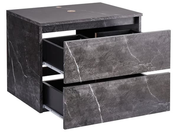 Veggmontert Baderomsskap Svart Marmor MDP-kropp 60 x 47 cm Riflet Front med 2 Skuffer Forhåndsskårne Hull