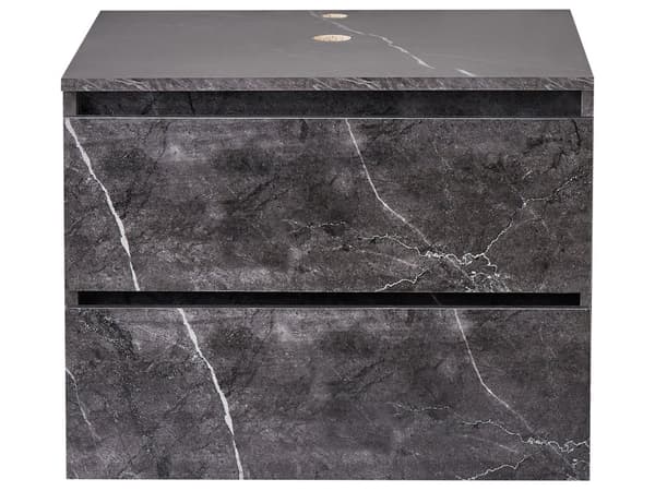 Veggmontert Baderomsskap Svart Marmor MDP-kropp 60 x 47 cm Riflet Front med 2 Skuffer Forhåndsskårne Hull