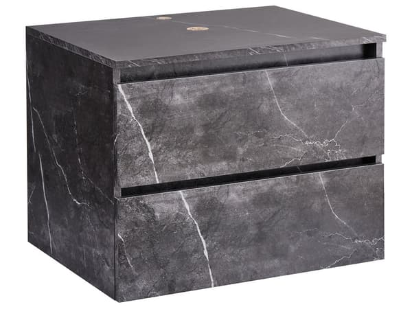 Veggmontert Baderomsskap Svart Marmor MDP-kropp 60 x 47 cm Riflet Front med 2 Skuffer Forhåndsskårne Hull