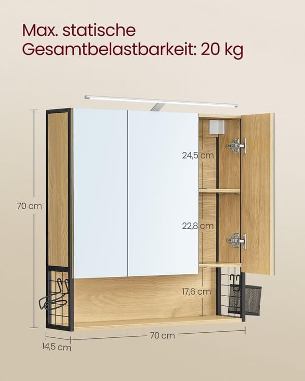 Badrumsskåp, VASAGLE BBK124A10, 14.5x70x70 cm, Natur Ek