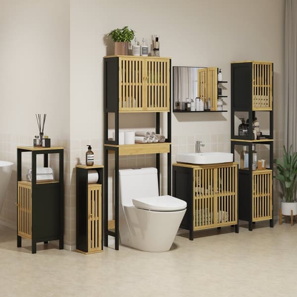 Rootz Bamboo WC -hylly - Kylpyhuoneen säilytysteline - Yli Comode -järjestäjä - Avaruussäästö - 60L x 21,5B x 172H CM