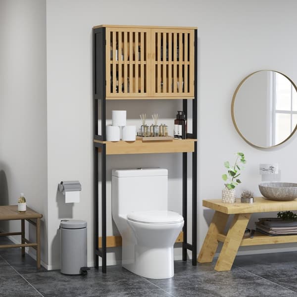 Rootz Bamboo WC -hylly - Kylpyhuoneen säilytysteline - Yli Comode -järjestäjä - Avaruussäästö - 60L x 21,5B x 172H CM