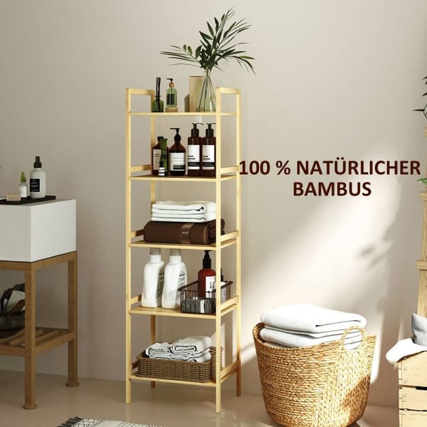 Rootz Bamboo -kylpyhuoneen hylly - säilytyshylly - Säädettävät hyllyt - Veden hylkivä bambu - 43,5 x 31,5 x 142 cm