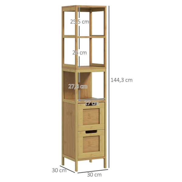 Rootz Badeværelsets kolonneopbevaring - Hyggeligt stil - Arrangør - 3 hylder & 2 skuffer - Bambus Elegance - 30b x 30t x 144H cm