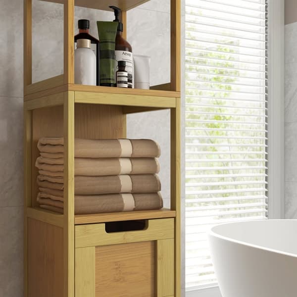 Rootz Badeværelsets kolonneopbevaring - Hyggeligt stil - Arrangør - 3 hylder & 2 skuffer - Bambus Elegance - 30b x 30t x 144H cm