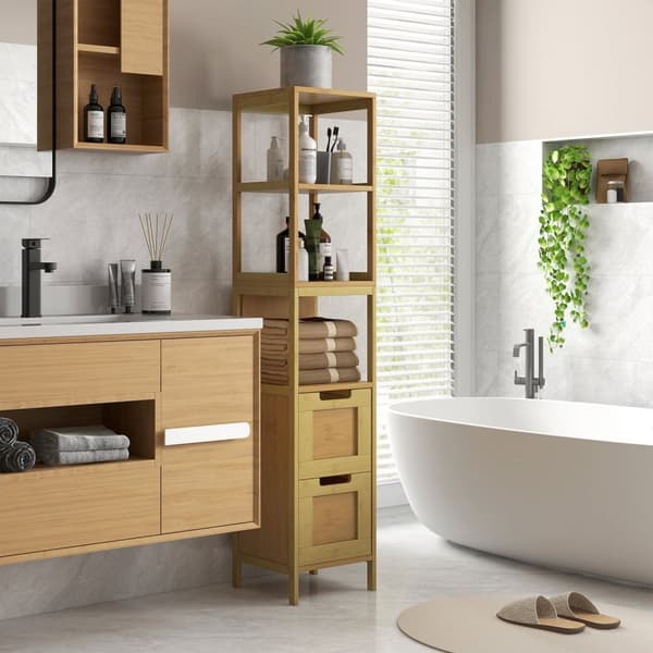 Rootz Badeværelsets kolonneopbevaring - Hyggeligt stil - Arrangør - 3 hylder & 2 skuffer - Bambus Elegance - 30b x 30t x 144H cm