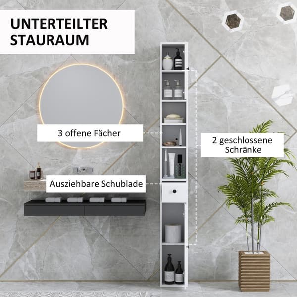 Rootz High Slim Badeværelse Skab - Opbevaringsarrangør - Rumbesparelse - Maksimerer plads - 20 cm x 20 cm x 178 cm, hvid