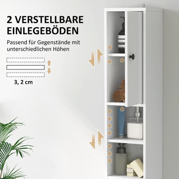Rootz High Slim Badeværelse Skab - Opbevaringsarrangør - Rumbesparelse - Maksimerer plads - 20 cm x 20 cm x 178 cm, hvid