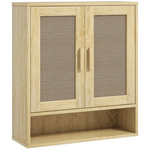 Rootz Wall Mount Badeværelse Skab - Vægskabinet - Boho -opbevaring - Fugtbestandig rottingdøre - 59 cm x 20 cm x 66,5 cm - Brun