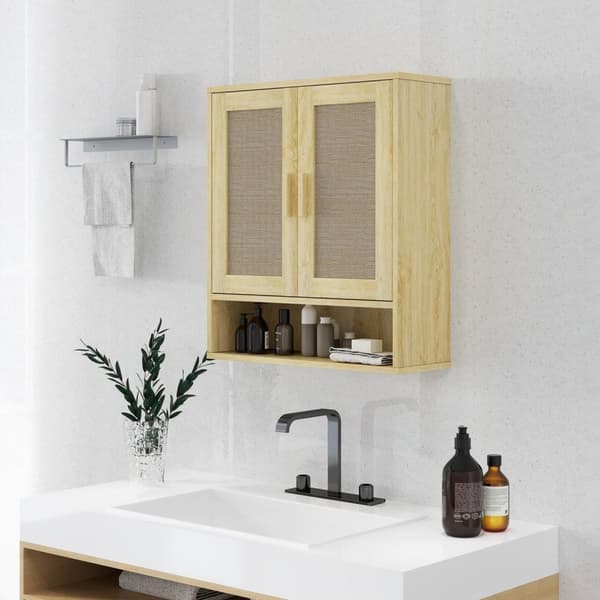 Rootz Wall Mount Badeværelse Skab - Vægskabinet - Boho -opbevaring - Fugtbestandig rottingdøre - 59 cm x 20 cm x 66,5 cm - Brun