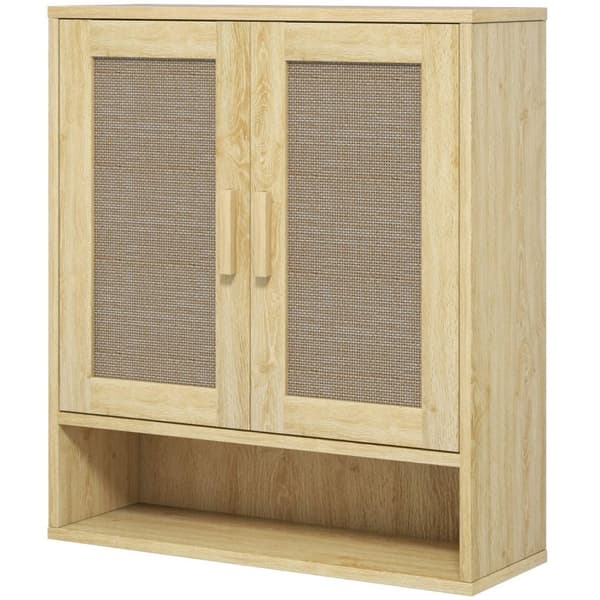 Rootz Wall Mount Badrumskåp - Väggskåp - Boho -förvaring - Fuktbeständiga rottingdörrar - 59 cm x 20 cm x 66,5 cm - Brun