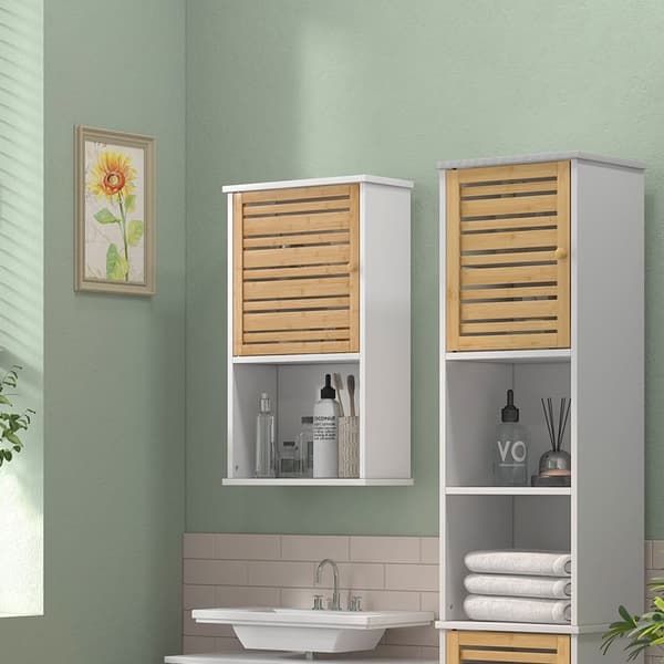 Rootz væg hylde med bambusdør - Badeværelsesopbevaring - Rumbesparende skab - Optimer plads - 40b x 20t x 70H cm