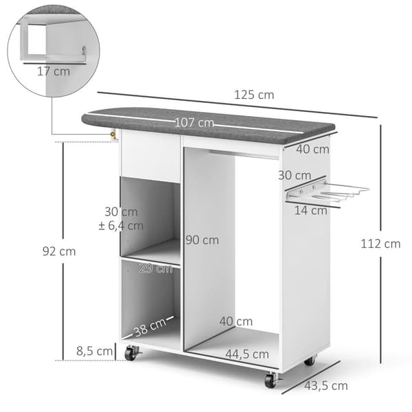 Rootz Træstrygningsplade - Tøjskinne - Justerbar hylde - Låselige ruller - 125 cm x 43,5 cm x 112 cm