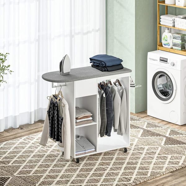 Rootz Træstrygningsplade - Tøjskinne - Justerbar hylde - Låselige ruller - 125 cm x 43,5 cm x 112 cm