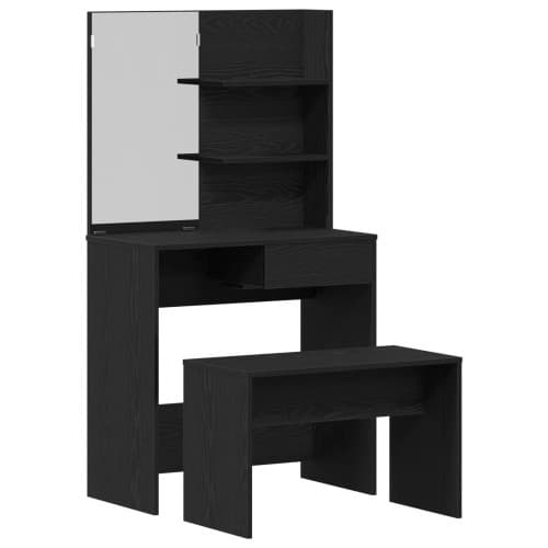 Sminkbord Set Svart Ek Trä, vidaXL Svart Ek Sminkbord med Spegel - 74.5 x 40 x 141 cm, vidaXL Sminkpall Svart Ek 70x35x45 cm Trä