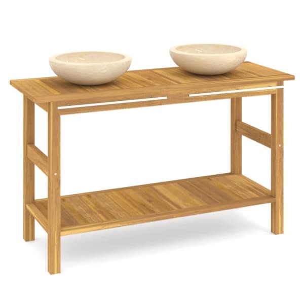 Handfatsbänk med gräddvita handfat massiv teak