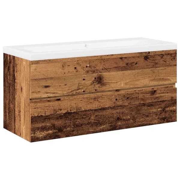 Badrumsskåp med inbyggt handfat åldrat trä 101x39,5x49 cm