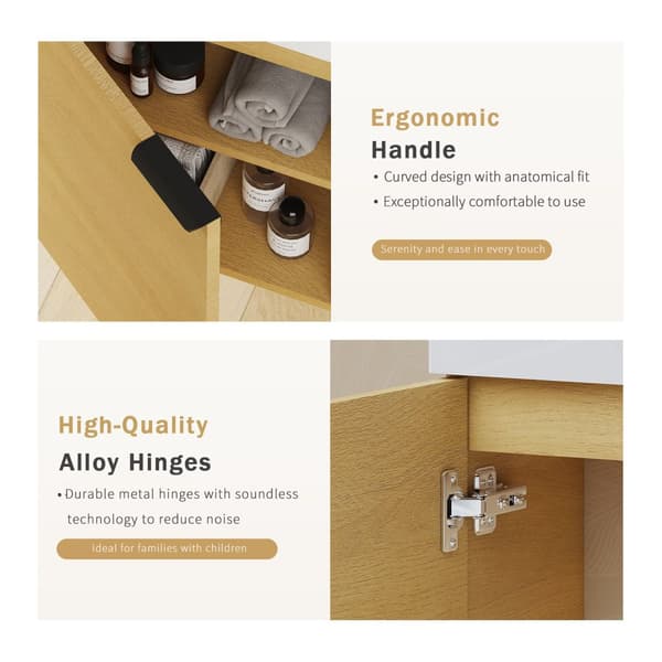 EMKE Badrumsskåp med handfat - Vitt handfat, rökt ekfinish, justerbart hyllplan, mjukstängande dörrar, modern design