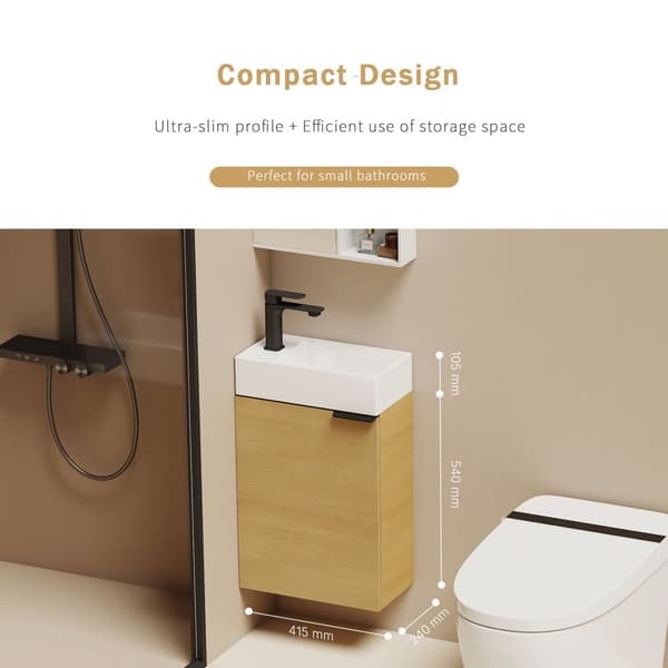 EMKE Badrumsskåp med handfat - Vitt handfat, rökt ekfinish, justerbart hyllplan, mjukstängande dörrar, modern design