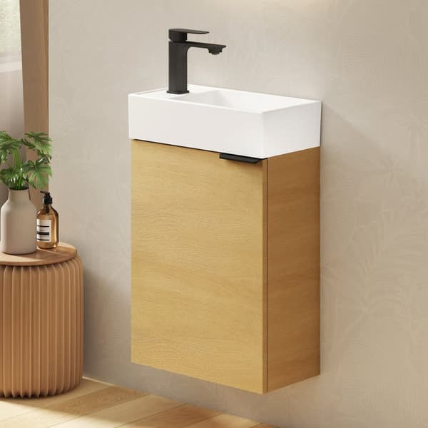 EMKE Badrumsskåp med handfat - Vitt handfat, rökt ekfinish, justerbart hyllplan, mjukstängande dörrar, modern design
