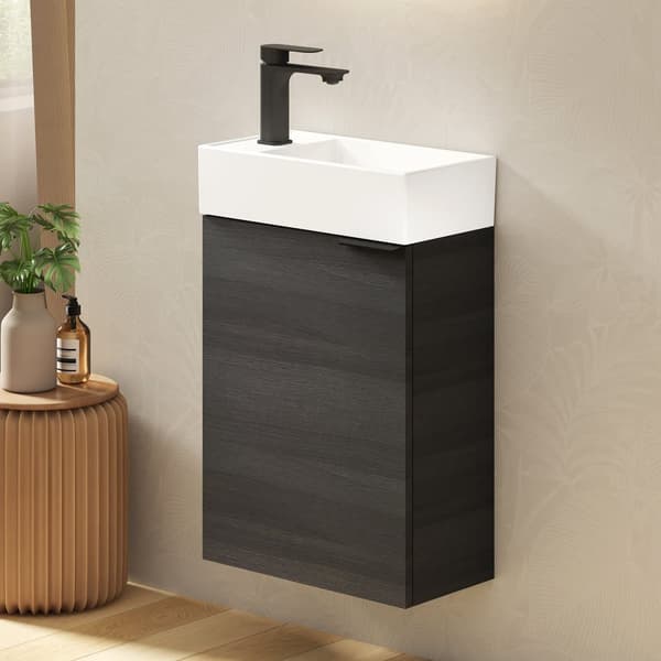 EMKE Badrumsskåp med handfat - Vitt handfat, justerbart hyllplan, mjukstängande dörrar, modern design
