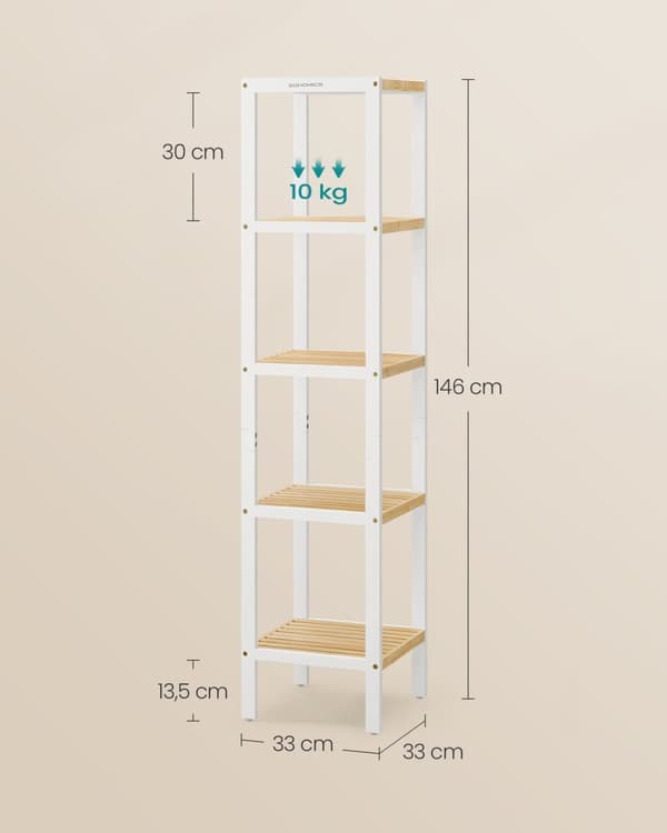 Rootz 5 -nivå badrumshylla - förvaringsställ - Organiserande stand - rymdbesparande - vit, brun - 33 x 33 x 146 cm