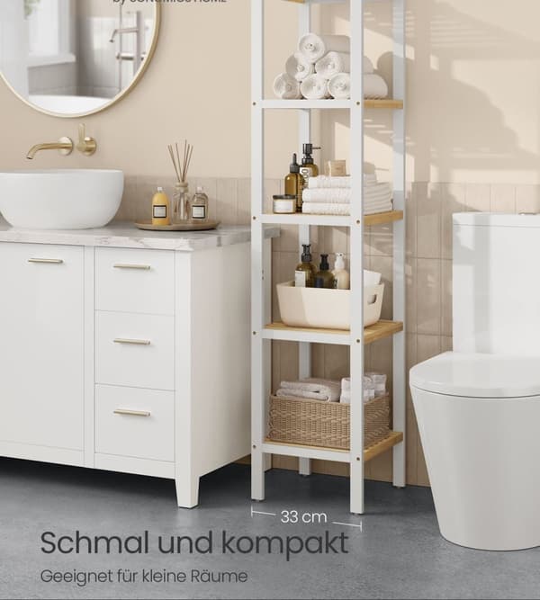 Rootz 5 -nivå badrumshylla - förvaringsställ - Organiserande stand - rymdbesparande - vit, brun - 33 x 33 x 146 cm