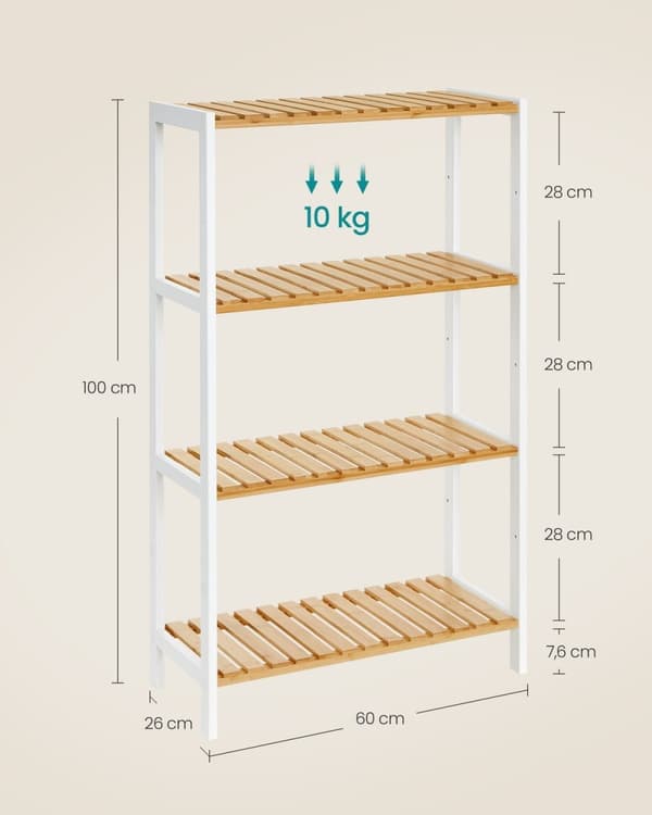 Rootz Bamboo Badeværelseshylde - Opbevaringsarrangør - Rumbesparelse - Miljøvenlig bambus - 26 x 60 x 100 cm hvid/naturlig