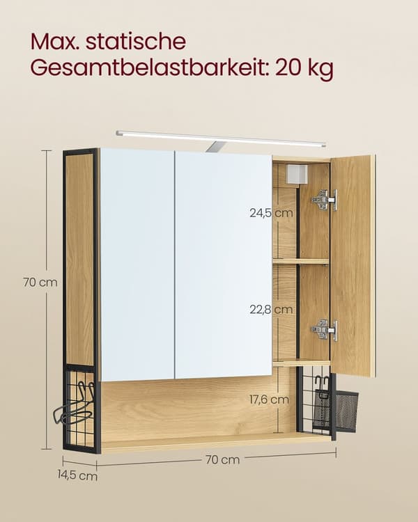 Rootz badeværelse skab - LED -belysning - brun og hvid -kompakt opbevaringsløsning - 14,5 x 70 x 70 cm
