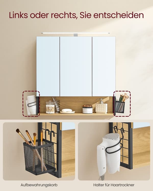 Rootz badeværelse skab - LED -belysning - brun og hvid -kompakt opbevaringsløsning - 14,5 x 70 x 70 cm