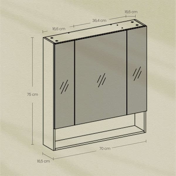 Rootz badeværelse skab med 3 døre - Mirror Cabinet - Badeværelsesopbevaring - Rumbesparende design - 16,5 cm x 70 cm x 75 cm