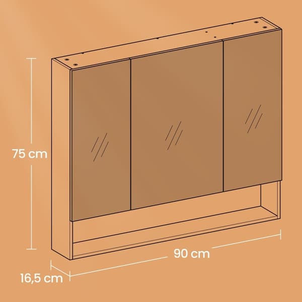 Rootz Badrumskåp - 3 Door Mirror Cabinet - Träflipplatta - Molnvit finish - 16,5 x 90 x 75 cm