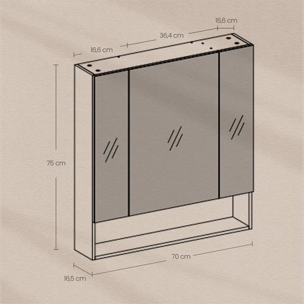 Rootz Badrumskåp - Spegelskåp - 3 dörr Badrum förvaring - Space Saver - 16,5 cm x 70 cm x 75 cm