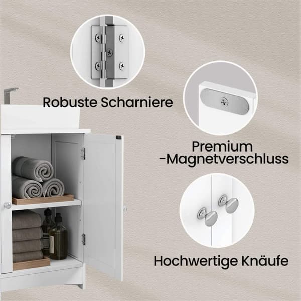 Rootz Sink Cabinet - Vanity Unit - Basskåp - Kompakt lagring - MDF White - 60 cm x 60 cm x 30 cm