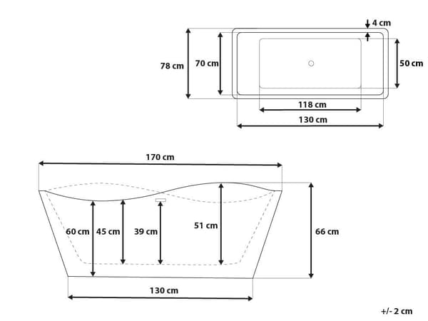 Kylpyamme valkoinen akryyli 170 x 78 cm vapaasti seisova yhdelle ylivuodolla 300 L suorakulmio moderni