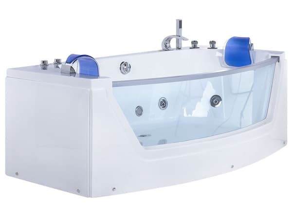 Poreamme valkoinen 175 x 60 x 85 cm akryyli lasi LED-valot 2 hengelle niskatuki vesiputoushana