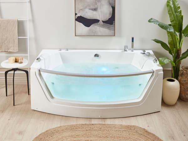 Poreamme valkoinen 175 x 60 x 85 cm akryyli lasi LED-valot 2 hengelle niskatuki vesiputoushana