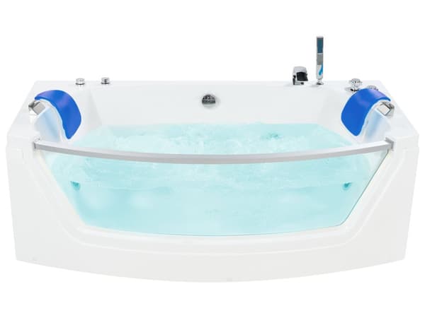 Poreamme valkoinen 175 x 60 x 85 cm akryyli lasi LED-valot 2 hengelle niskatuki vesiputoushana