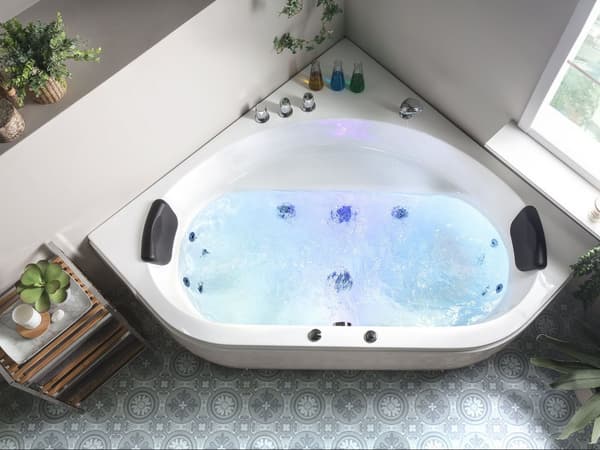 Hjørne Bad Hvid Akryl 140 x 140 cm 2-pers. Massage Jets Nakkestøtte LED Lys