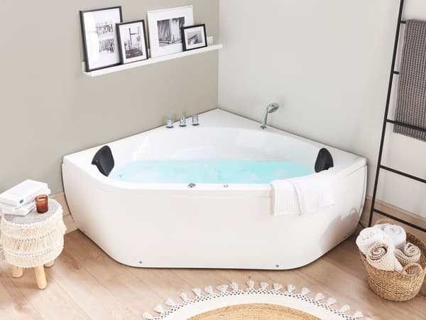 Hjørne Bad Hvid Akryl 140 x 140 cm 2-pers. Massage Jets Nakkestøtte LED Lys