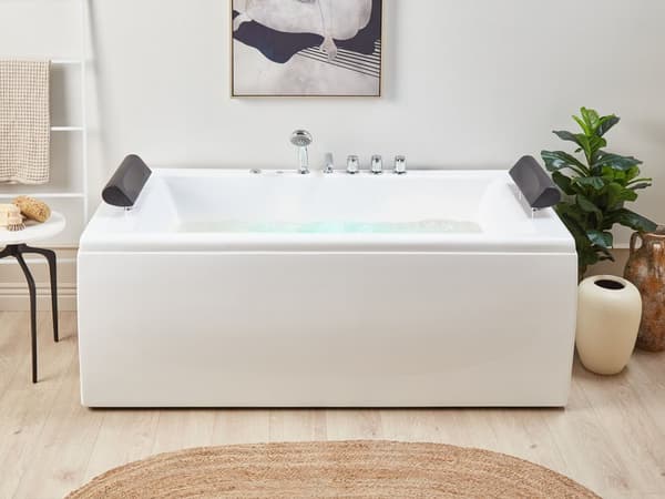 Badekar Hvid Akryl 172 x 83 x 64 cm 2 Personers Spa Boblebad Indendørs Voksne Nakkestøtte LED lys Fritstående Moderne Badeværelse Inspiration