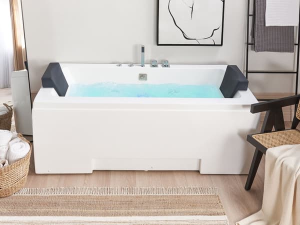 Badekar Hvid Akryl Sanitær 170 x 75 x 60 cm Rektangulær Hjørnebadekar med LED Lys Massage Funktion Nakkestøtte Moderne Design Badeværelse