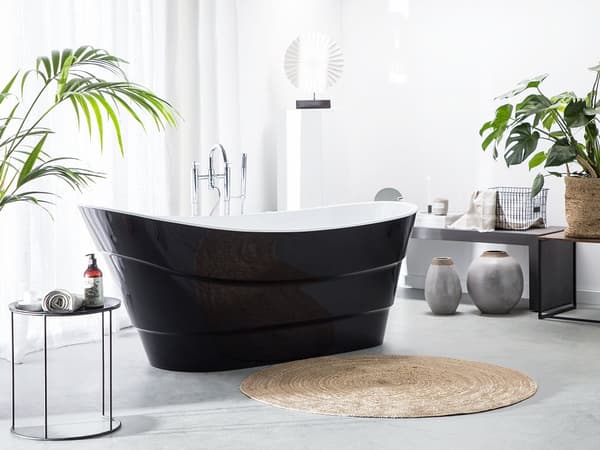 Fritstående Badekar Sort Hvid Blank Akryl 170 x 73 cm Moderne Japansk Emaljeret Bad Glam Design Oval Badeværelse Tilbehør Indretning