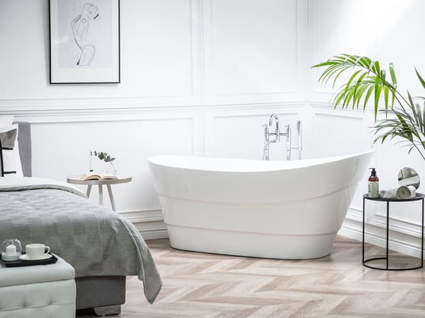 Fritstående Badekar Hvid Blank Akryl 170 x 73 cm Moderne Japansk Emaljeret Bad Glam Design Oval Badeværelse Tilbehør Indretning